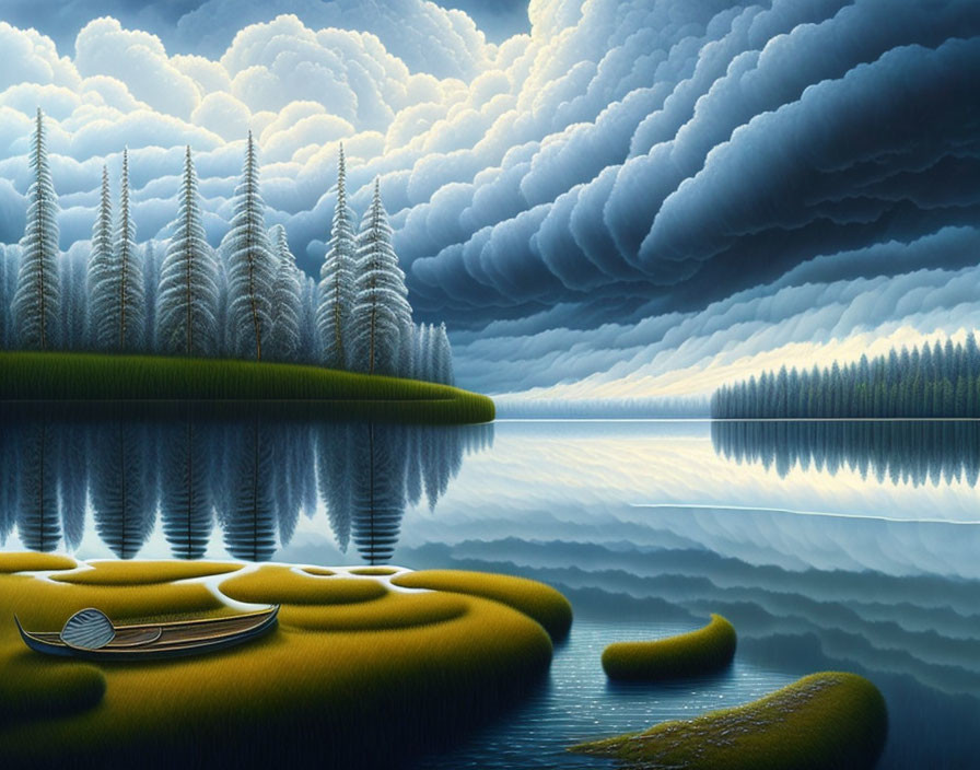 Tranquil lake scene with pine trees, canoe, and fluffy clouds