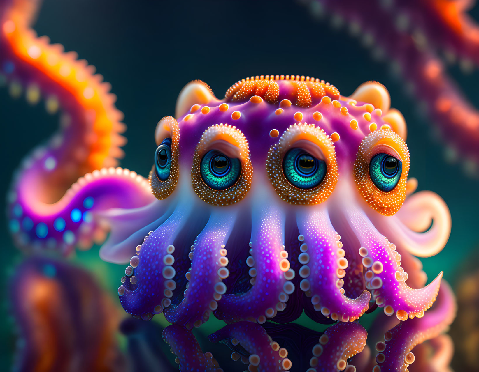 Vibrant cartoon octopus with three eyes and colorful tentacles