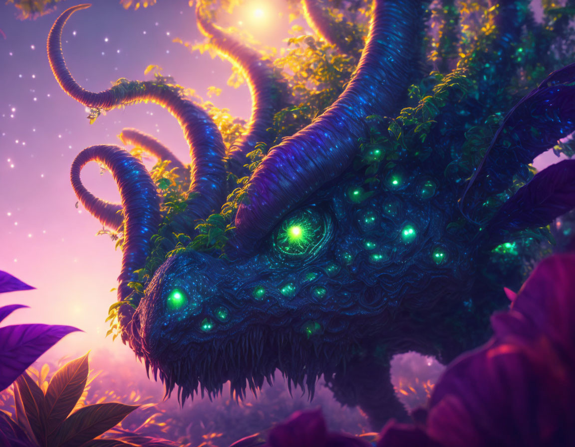 Fantastical creature with glowing horns and eyes in colorful forest