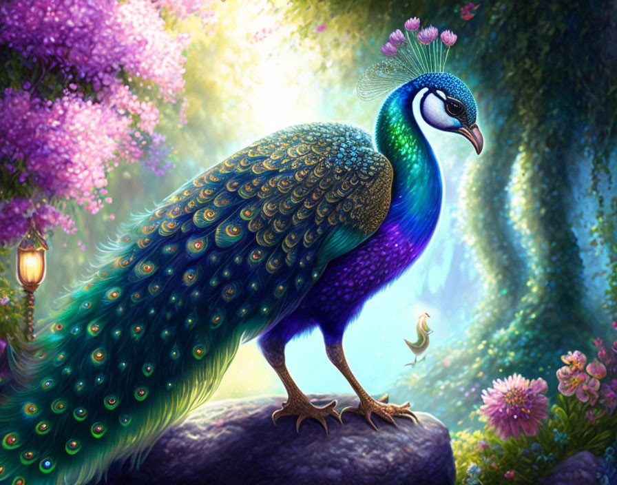 Colorful Peacock Illustration in Mystical Forest