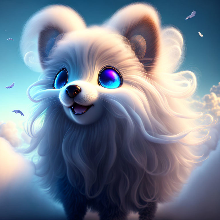 Fluffy dog with sparkling blue eyes in dreamy sky