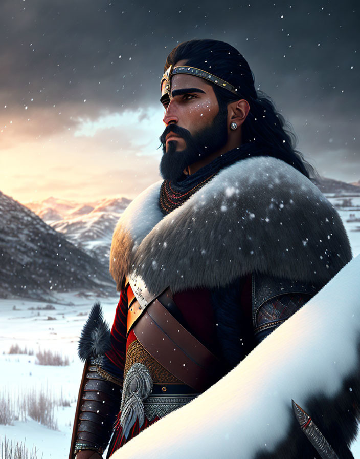 Regal warrior digital artwork with snowy mountain landscape