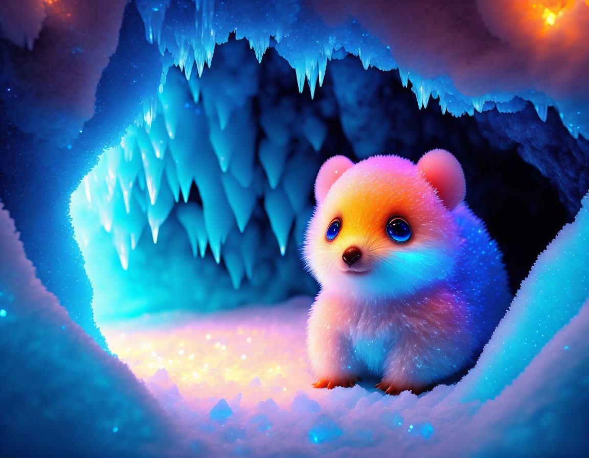 Fluffy Cartoon Bear in Colorful Ice Cave