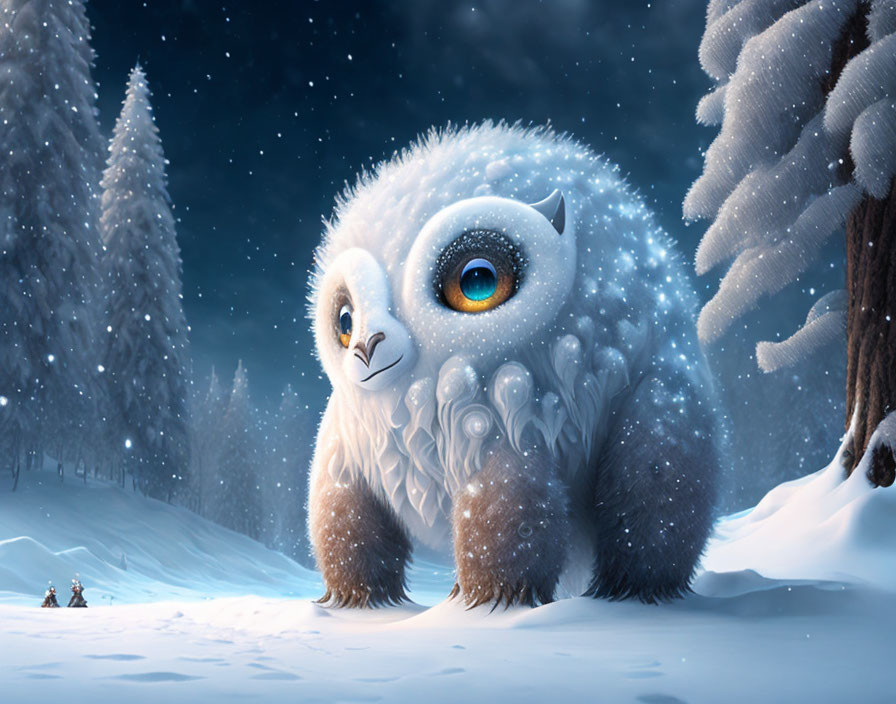 Fluffy creature with expressive eyes in snowy forest scene