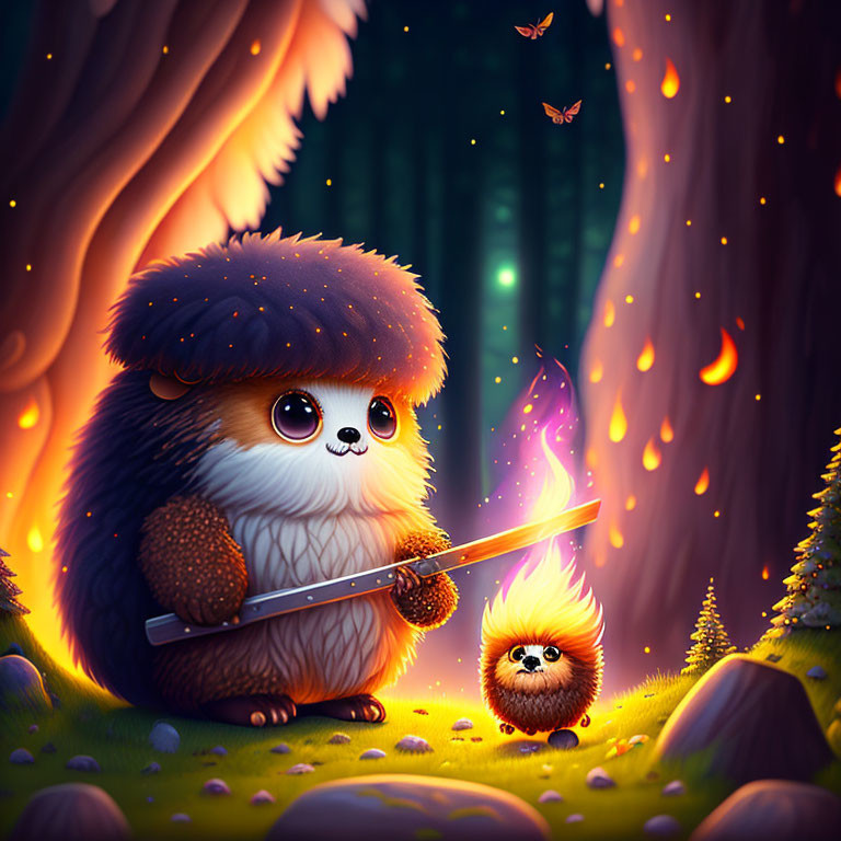 Illustration of two fluffy creatures in mystical forest with mushroom hat and glowing wand.