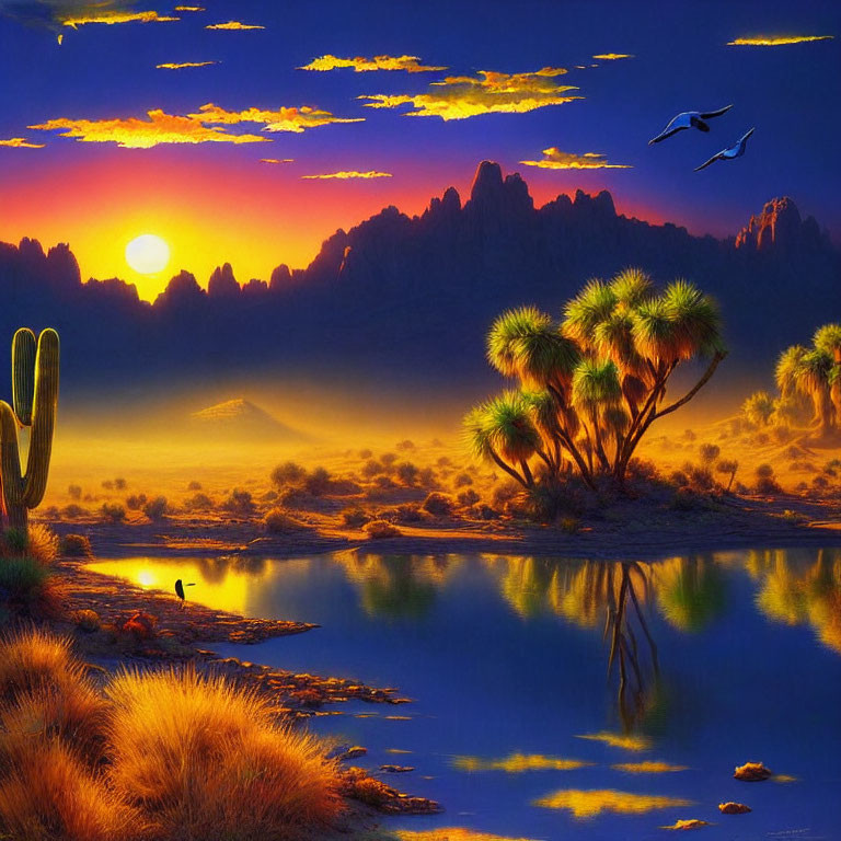 Colorful desert sunset with cacti, water, birds, and Joshua trees.