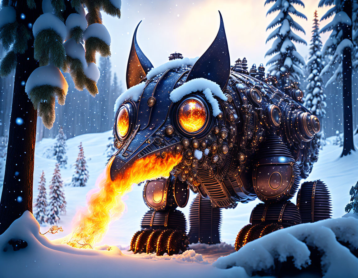 Mechanized rhinoceros breathing fire in snowy forest at twilight