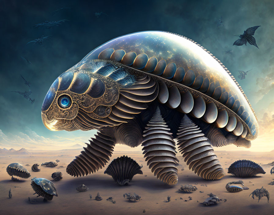 Biomechanical turtle-like creatures in desert landscape at dusk