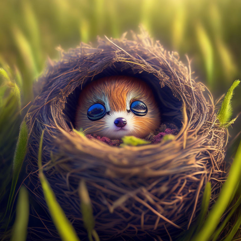 Stylized animal with large blue eyes in nest on green grass