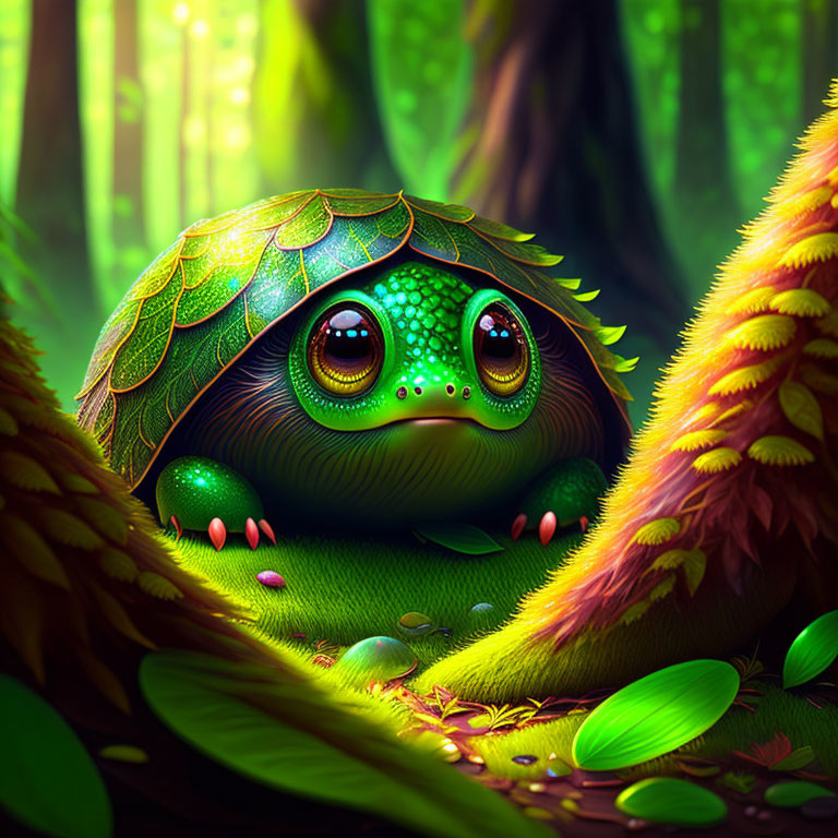 Cartoon turtle in leafy shell in magical forest with warm light.