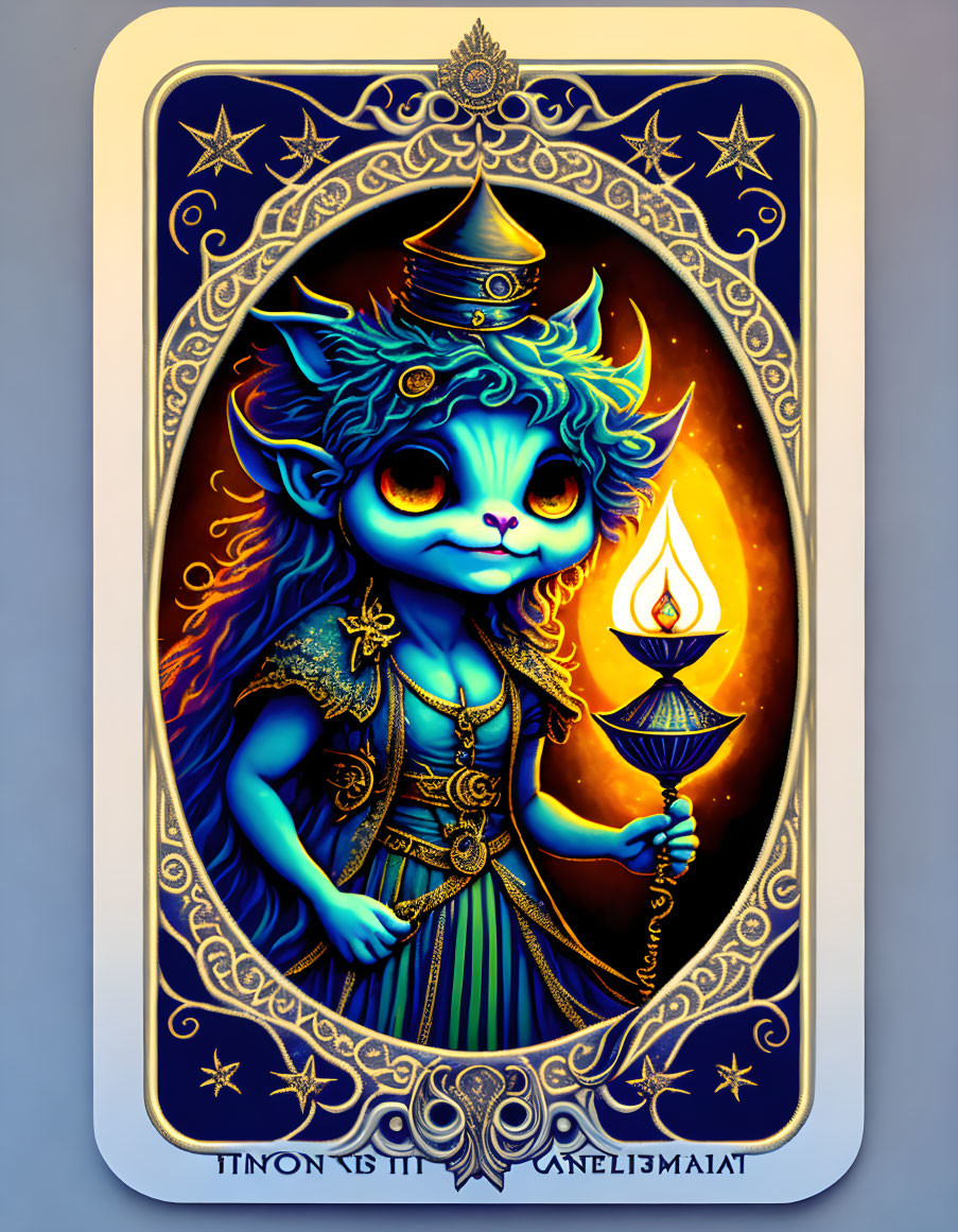 Mystical blue creature with candle in tarot card style