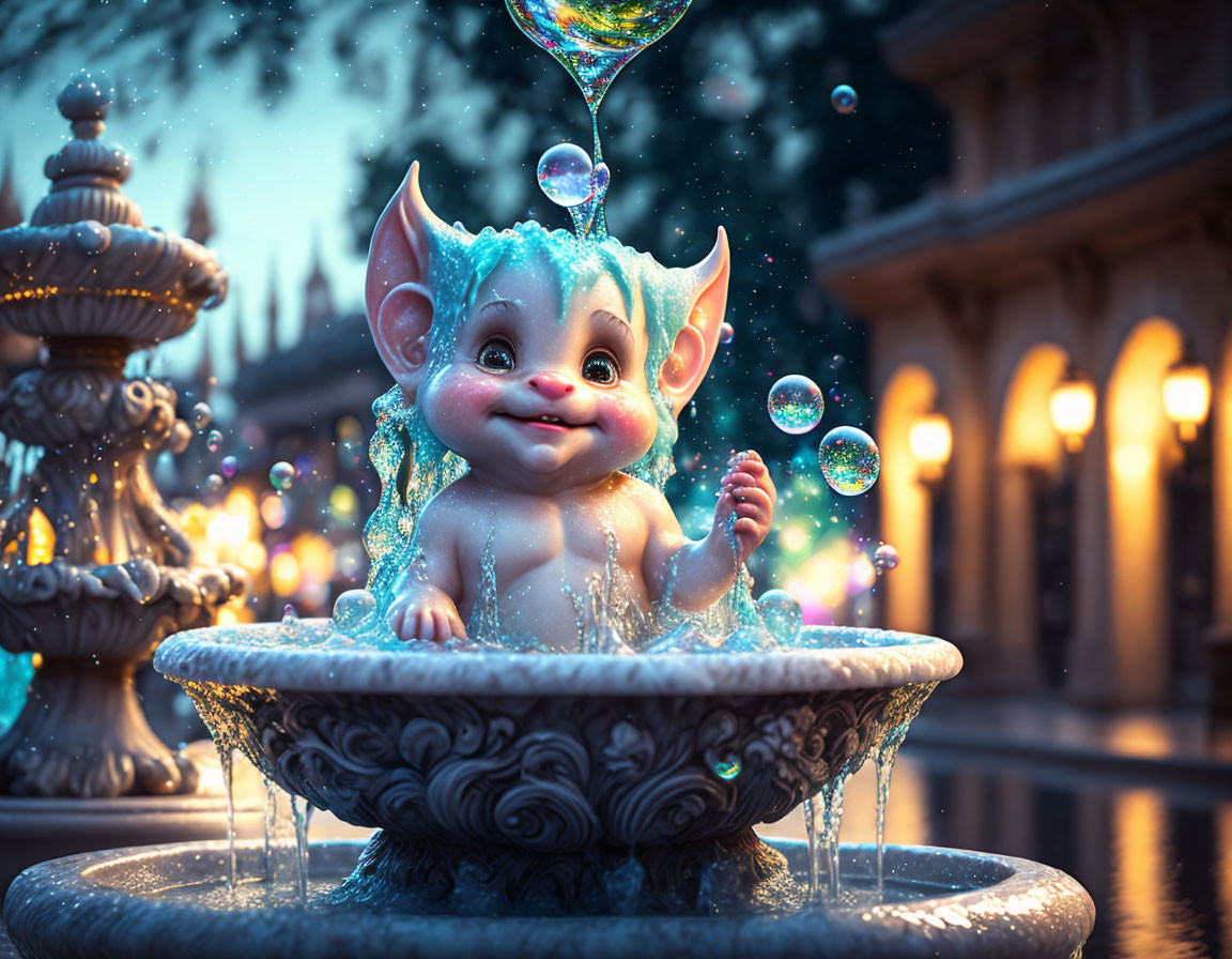 Whimsical 3D illustration: Happy bat-eared creature in ornate fountain at dusk