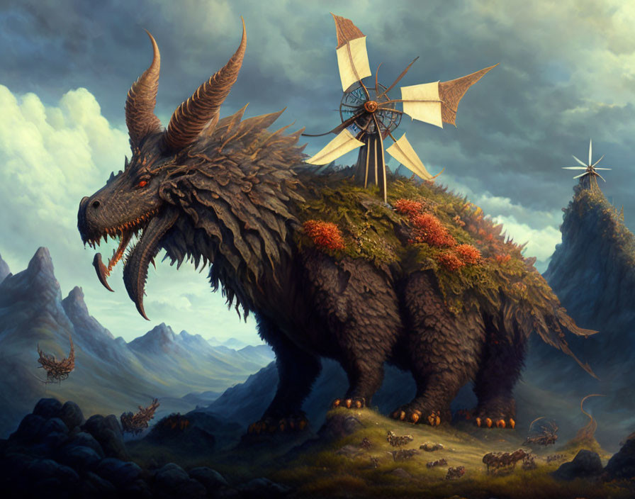 Majestic dragon with large horns in rugged landscape.