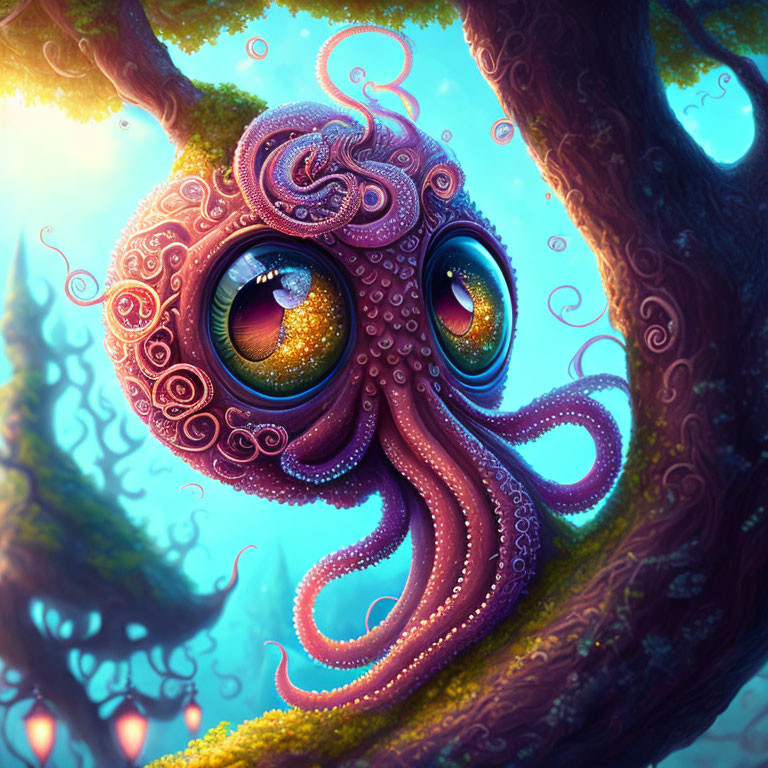 Colorful whimsical creature with expressive eyes in vibrant forest scene