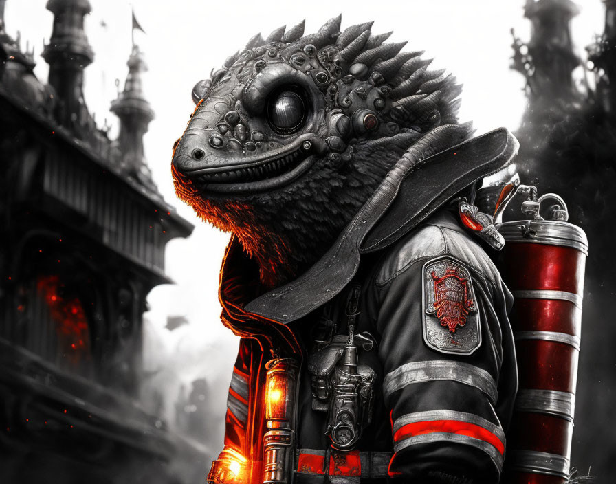 Digital artwork of lizard-like creature in firefighter uniform with helmet, badge, and fire extinguisher in industrial