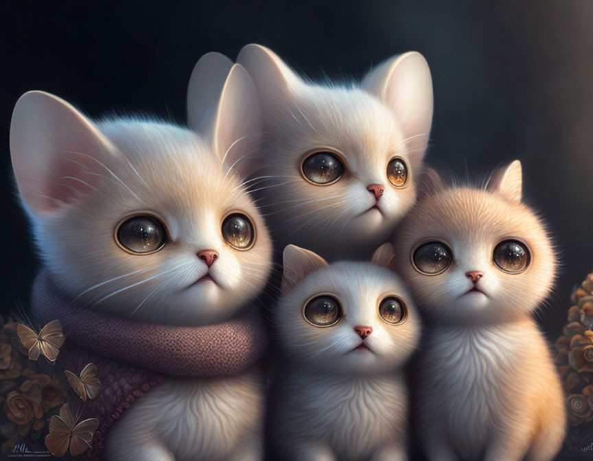 Four Cartoon Kittens Sitting Closely Together with Expressive Eyes