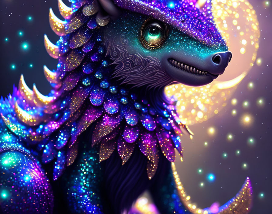 Fantastical creature with purple hide and glowing spots on starry backdrop