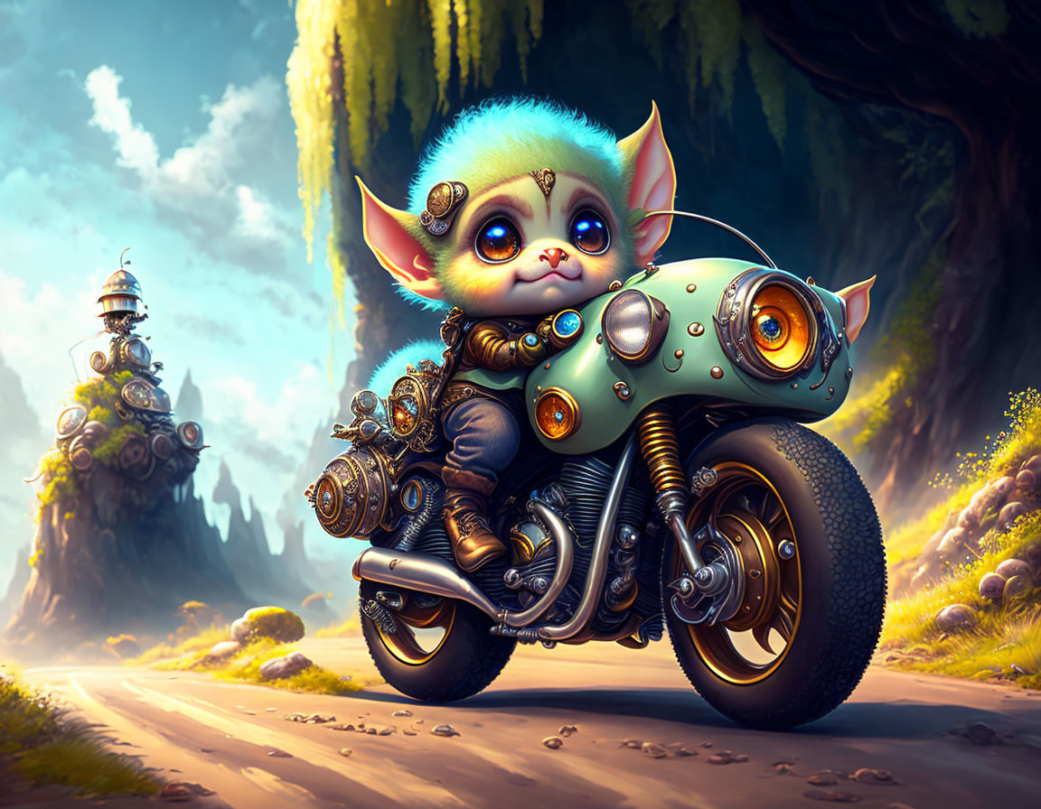 Whimsical illustration of cute creature on fantasy motorcycle in enchanting forest