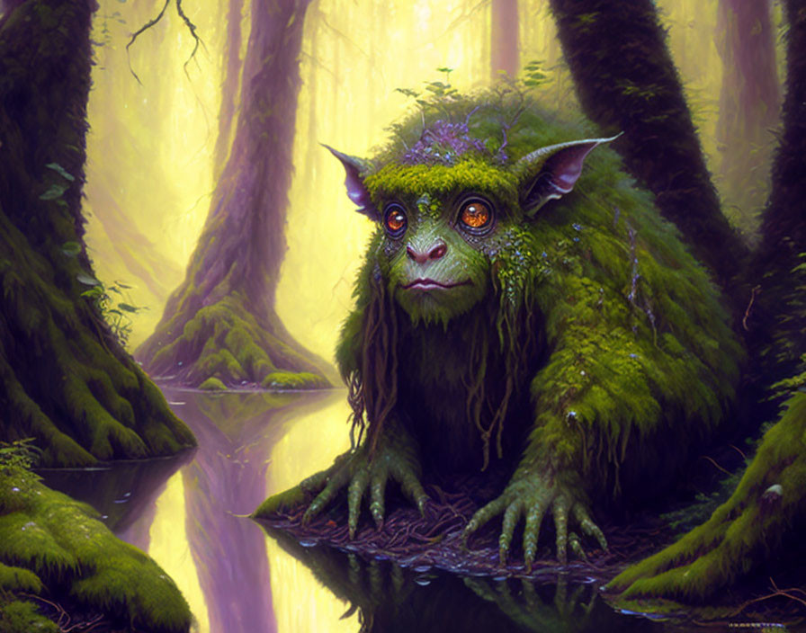 Green mystical creature in foggy forest with large eyes & pointed ears