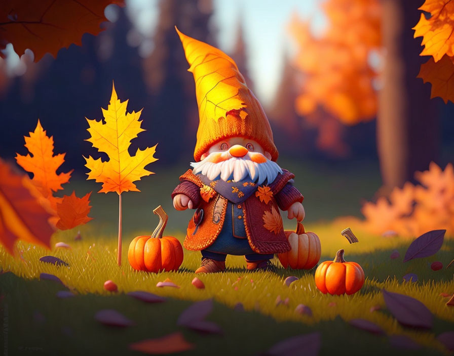 White-bearded gnome in orange hat among pumpkins and leaves in 3D animation