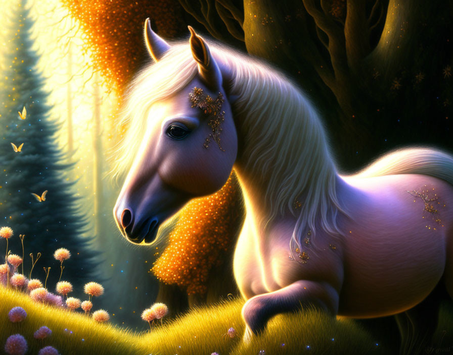 White Unicorn with Golden Mane in Enchanted Forest surrounded by Butterflies and Dandelions