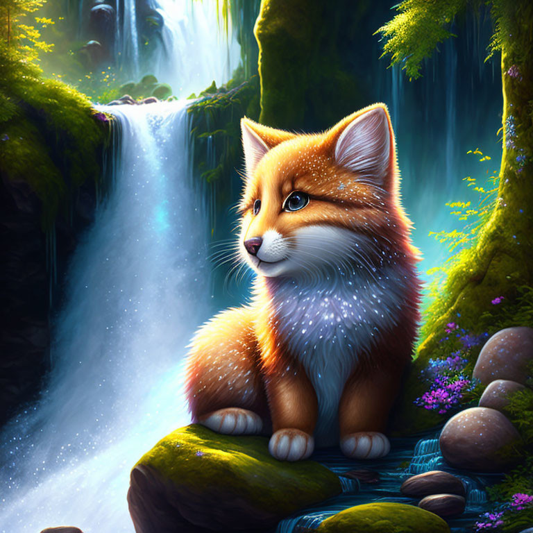 Fluffy kitten by waterfall in lush greenery