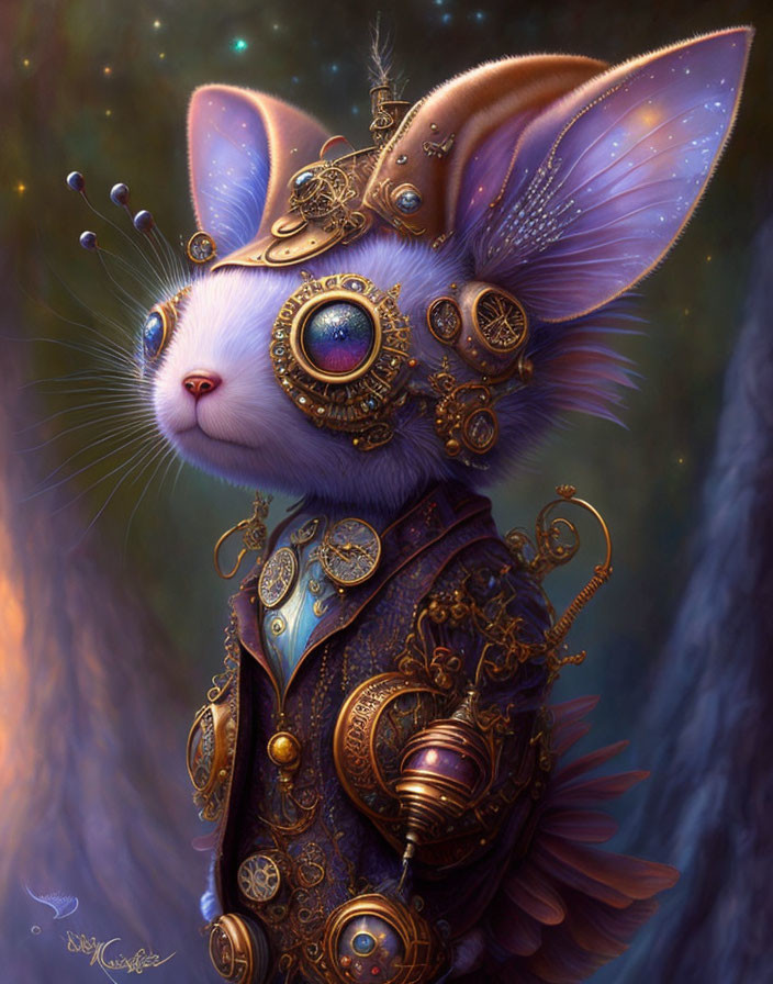 Steampunk-style rabbit illustration with mechanized features on starry background