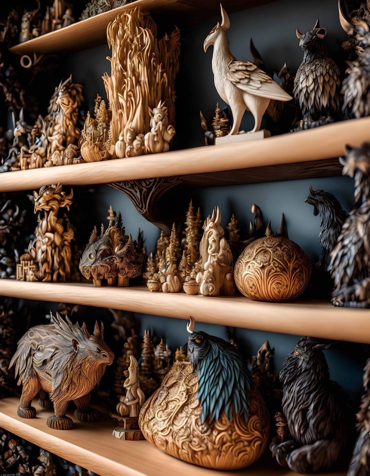 Wooden shelves showcasing intricately carved figurines and mythical creatures on a dark backdrop