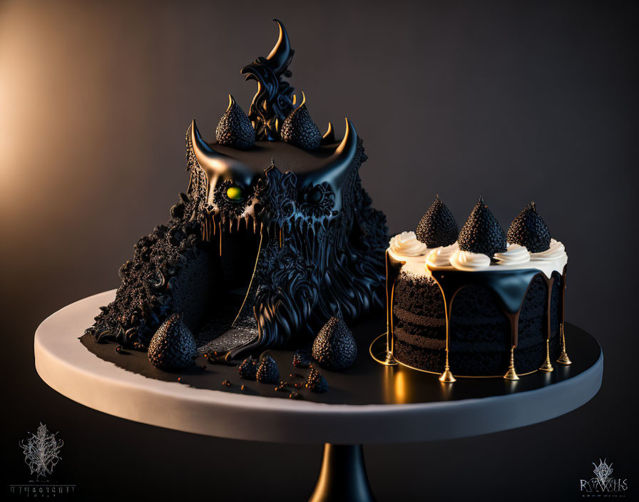 Dark-themed cake with dragon-like figure and gothic details on moody background