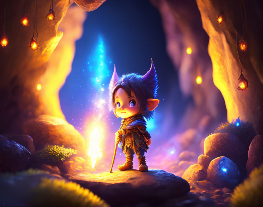 Stylized animated elf in mystical cave with glowing staff