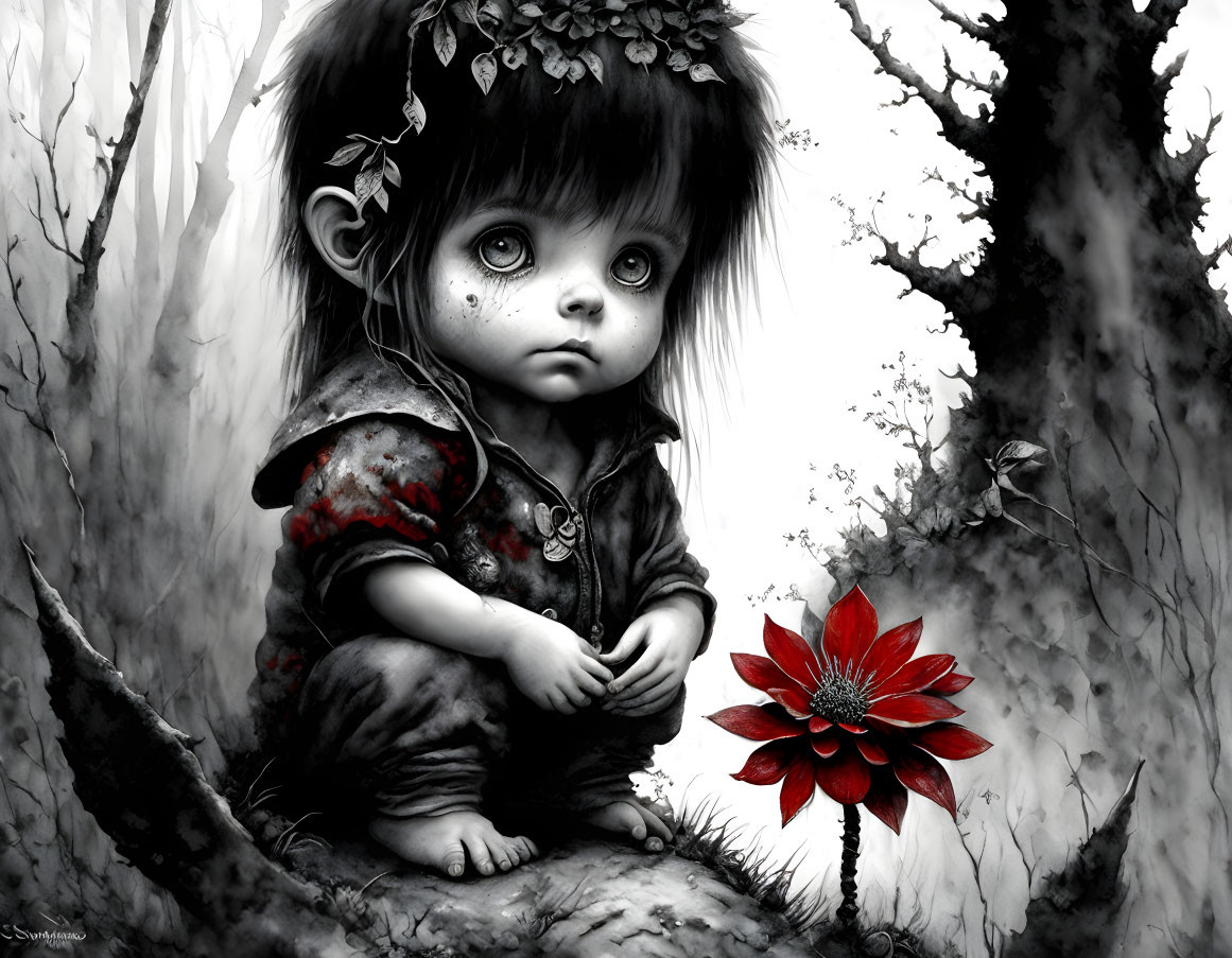 Monochromatic image of a forlorn child with expressive eyes beside a red flower