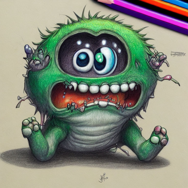 Vibrant illustration of one-eyed green monster with tentacles and pencils