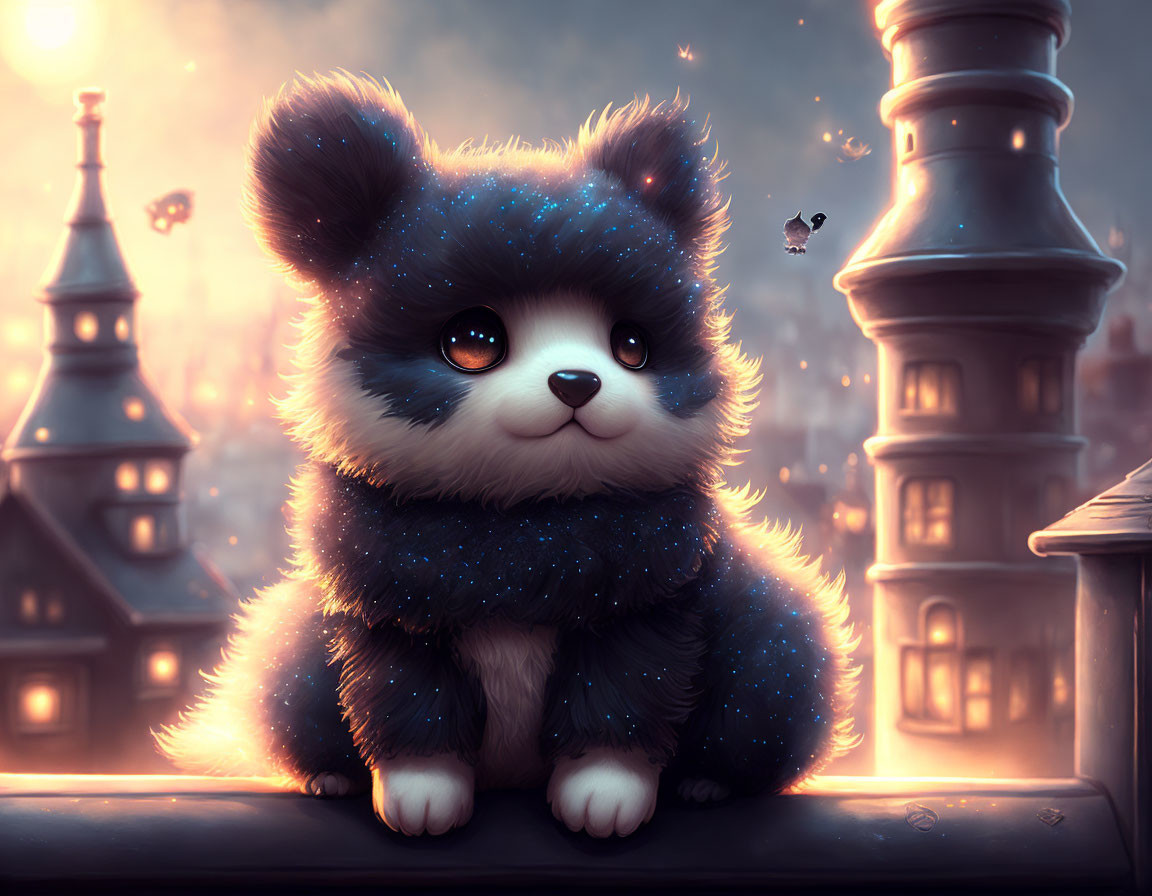 Whimsical fluffy starry-furred puppy illustration with magical cityscape backdrop