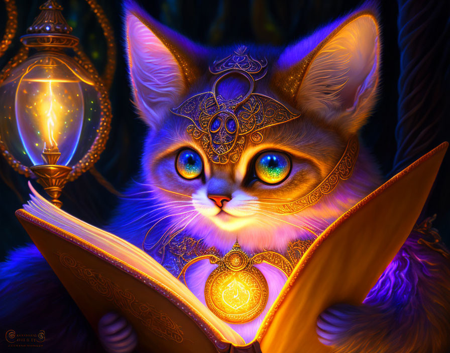 Mystical cat with glowing blue eyes and golden adornments reading under lantern light