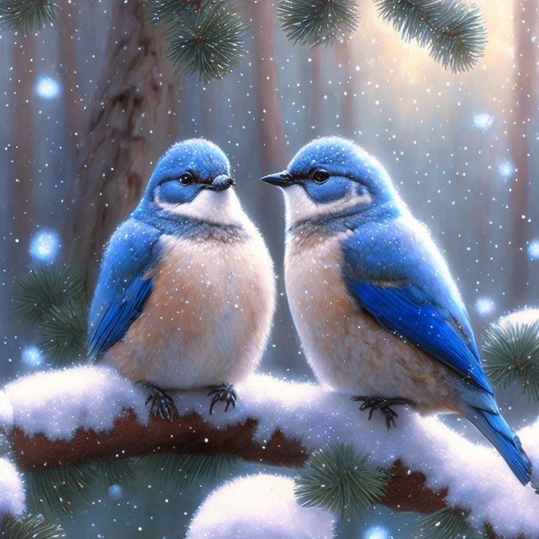 Two vibrant blue birds on snowy branch in wintry forest