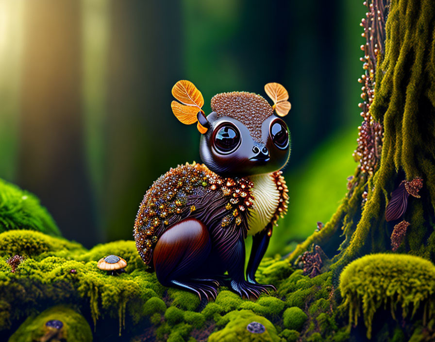 Illustrated creature with large eyes in enchanted forest setting