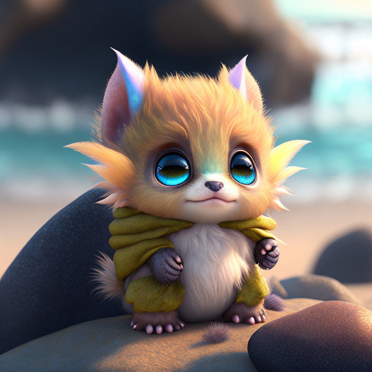 Animated creature with blue eyes and orange fur in green scarf on rock