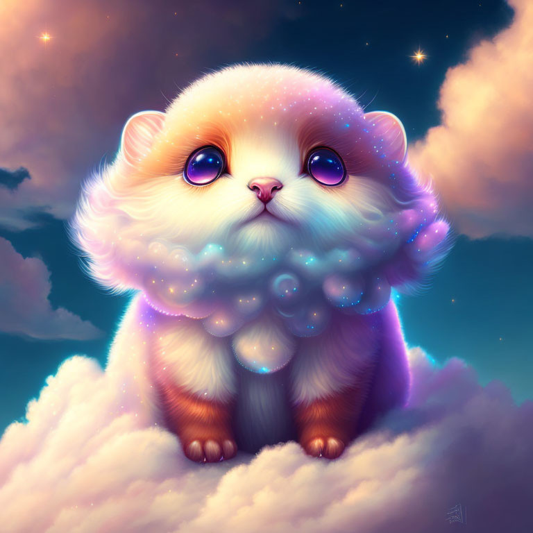 Fluffy wide-eyed creature on cloud in twilight sky