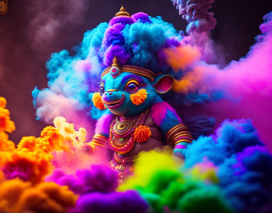 Colorful Mythical Creature Statue Surrounded by Vibrant Smoke