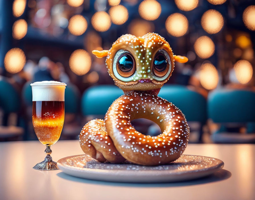 Big-eyed toy figure on glazed doughnut with beer in cozy café ambiance