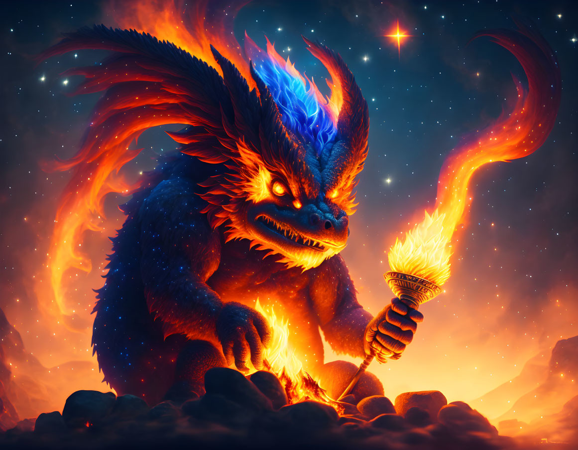 Mythical dragon artwork with blue and orange hues under starlit sky