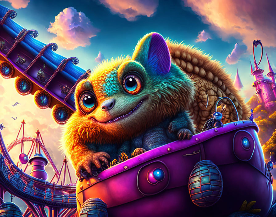 Colorful whimsical image: Cute furry creature in fantasy airship with vibrant amusement park