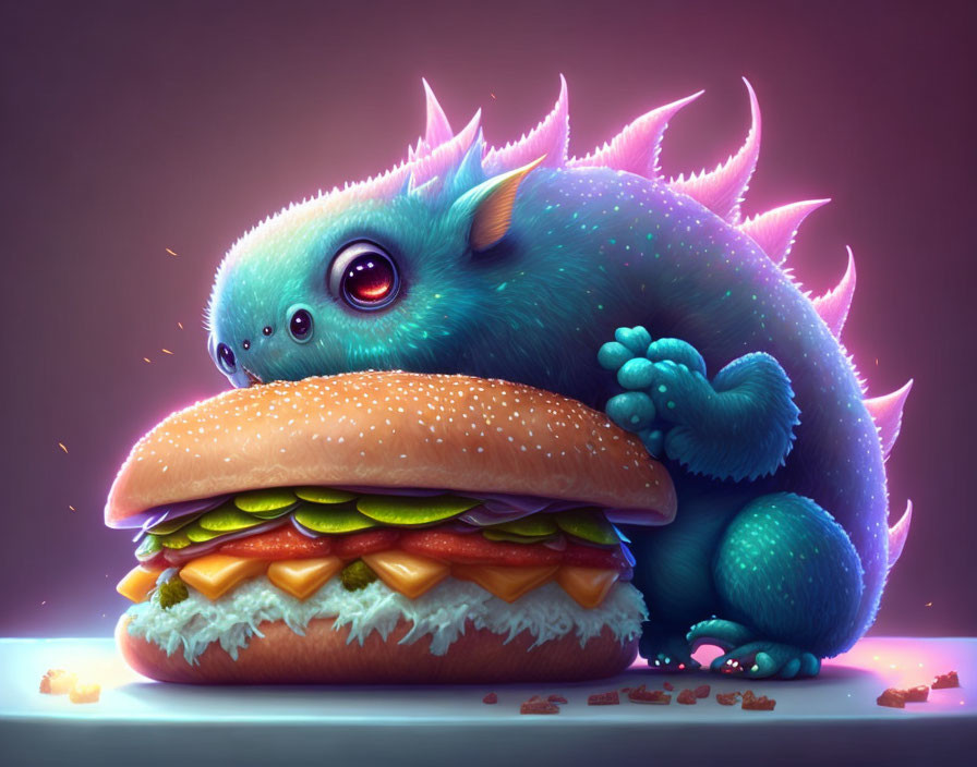 Blue creature with spiky back and big eyes interacting with a detailed burger in vibrant cartoon style