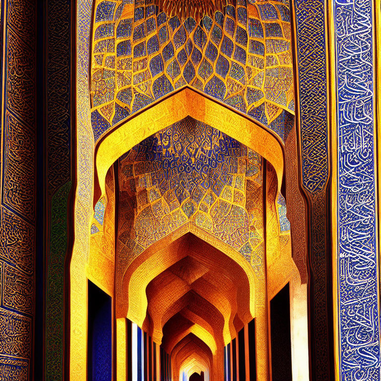 Intricate Blue and Gold Islamic Corridor with Arabic Calligraphy