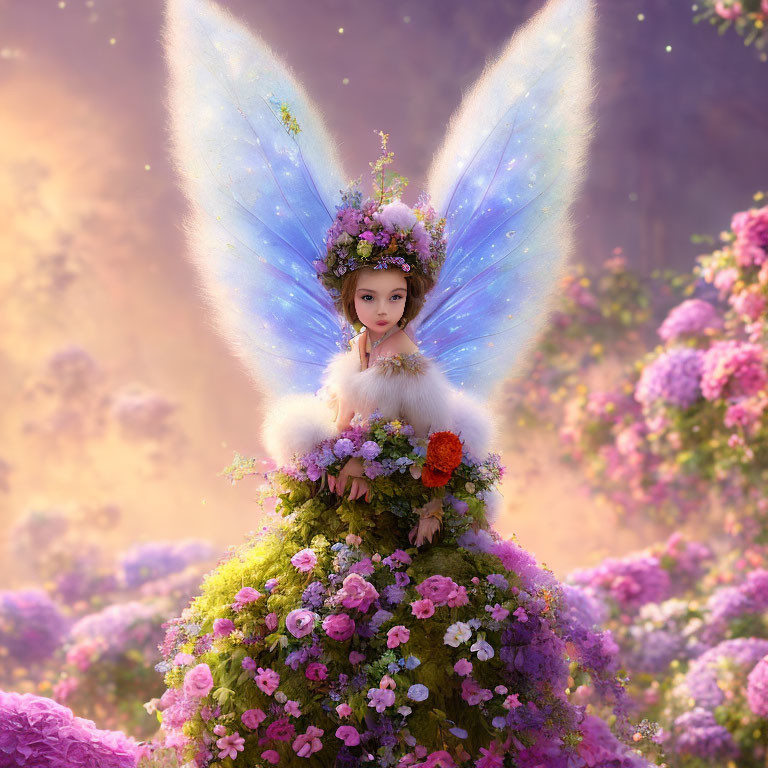 Fairy with Blue Wings in Floral Crown Surrounded by Pink and Purple Flowers