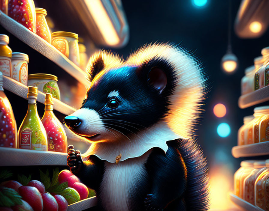 Anthropomorphic badger browsing grocery items under warm lights