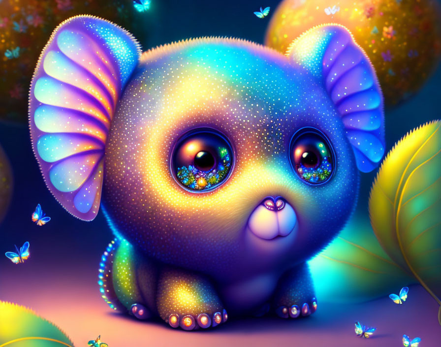 Fantasy creature digital art: Sparkly, big-eyed being with butterfly-like ears, surrounded by butterflies