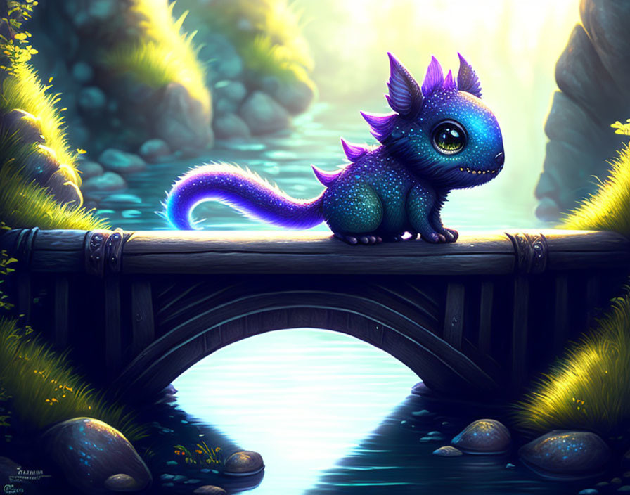 Blue dragon with purple accents in enchanted forest on wooden bridge