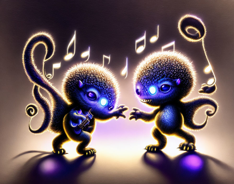 Glowing animated creatures playing music together with floating notes