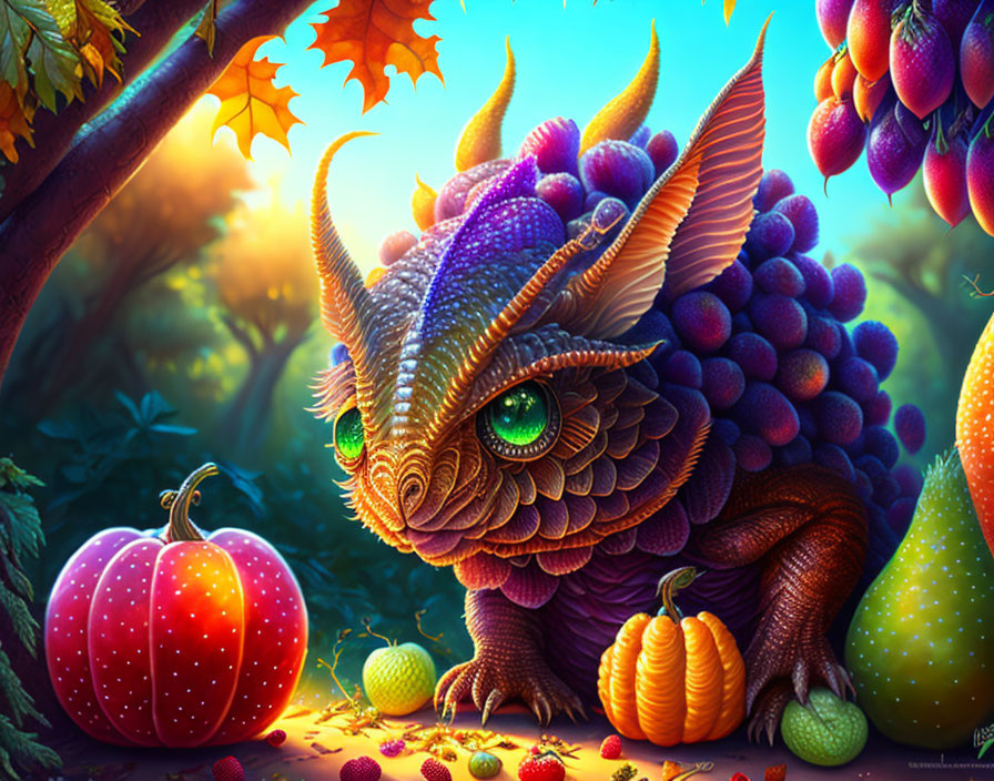 Vibrant mythical dragon creature in colorful forest setting